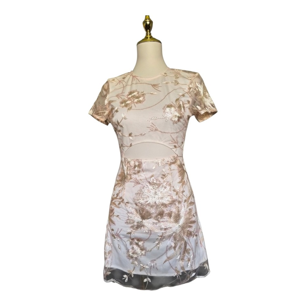Lucy In The Sky Floral Sequin Embroidered Mesh Mini Dress Open Back Cutout S